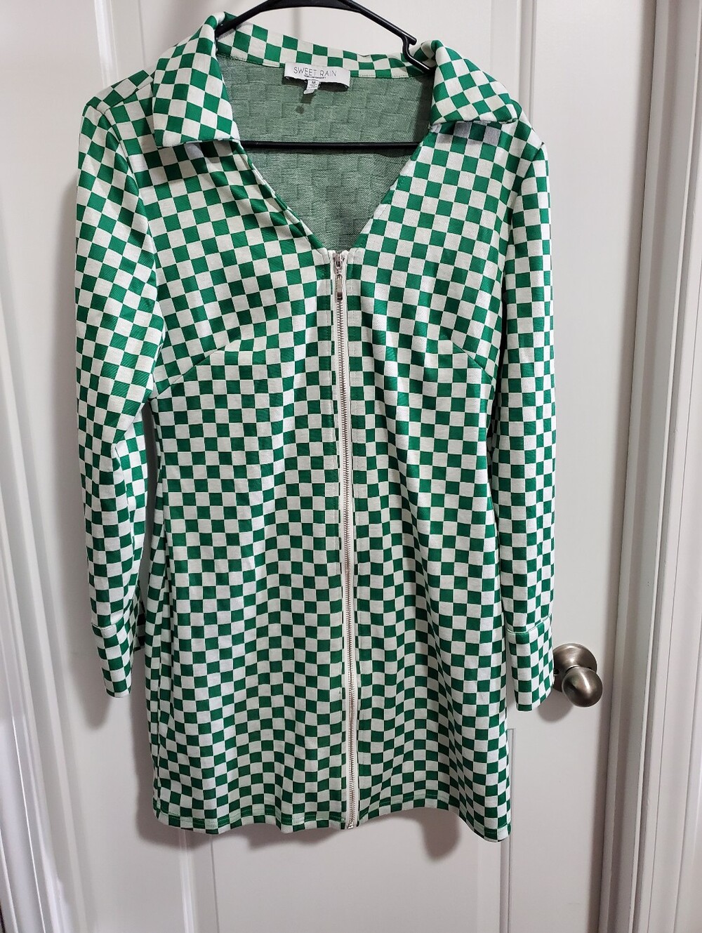 Sweet Rain Green And White Checkered Full Zip Dress Size Medium